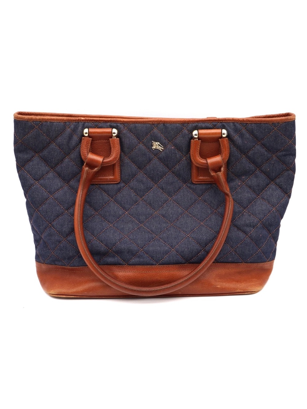 Burberry Navy Quilted Denim Tote with Brown Leather Trim